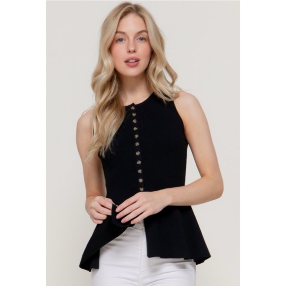 Tops - 1154 • Black Soft Rib Knit Sleeveless Peplum Button Front Top